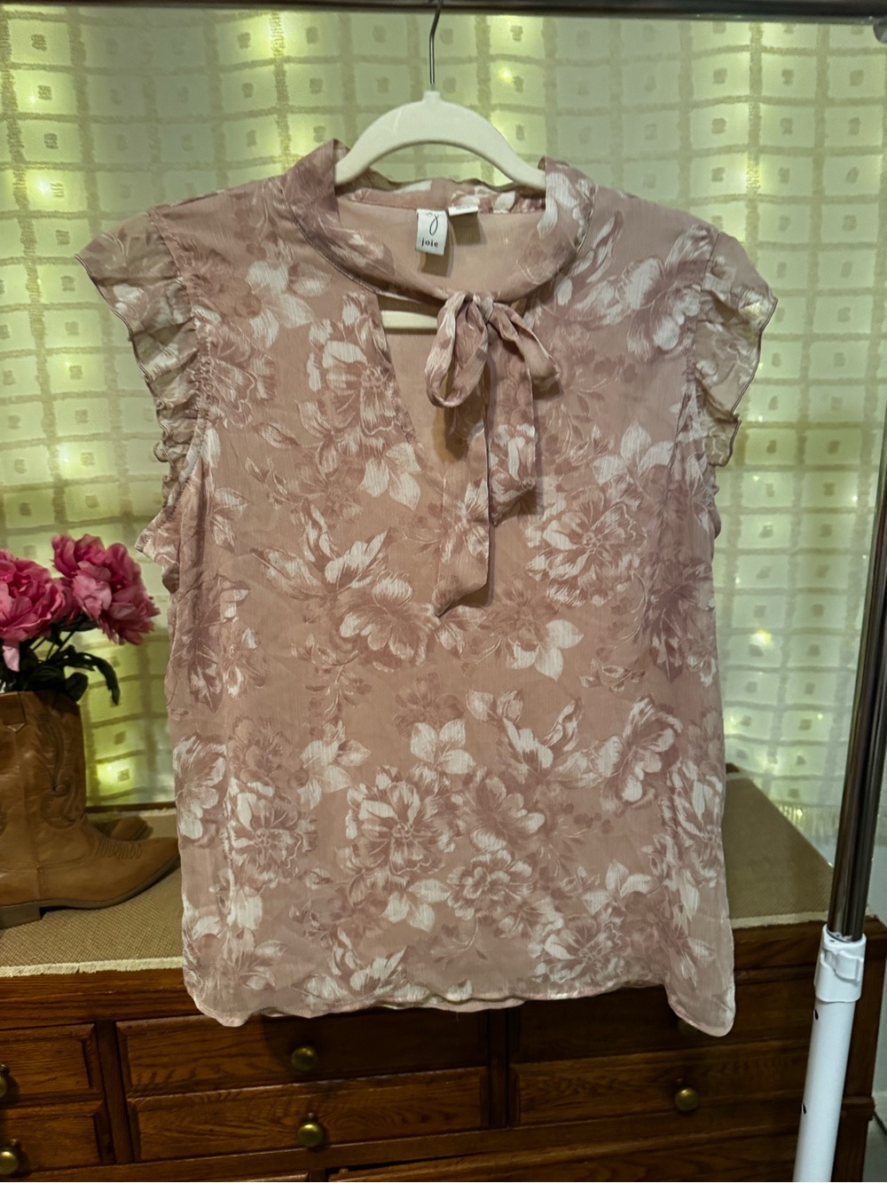 Joie Mauve-Pink Floral Tie-Neck Cap Sleeve Blouse